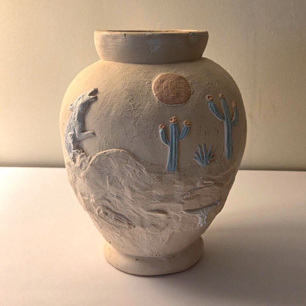 Textured Clay Pottery Vase Desert Raised Cactus Wolf Sun Steer Skull Dino Bones